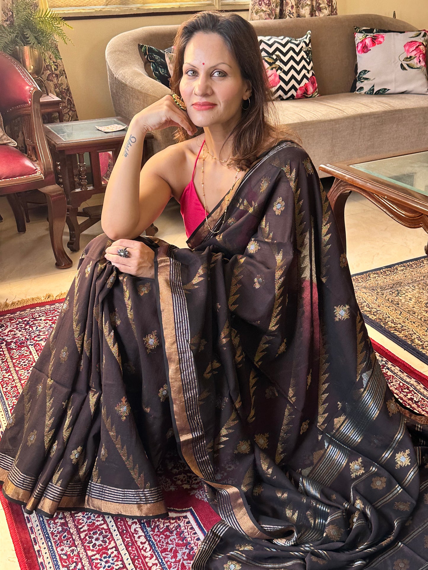 Brown Pure Cotton Jamdani with Intricate Zari Work Sari - Raahini