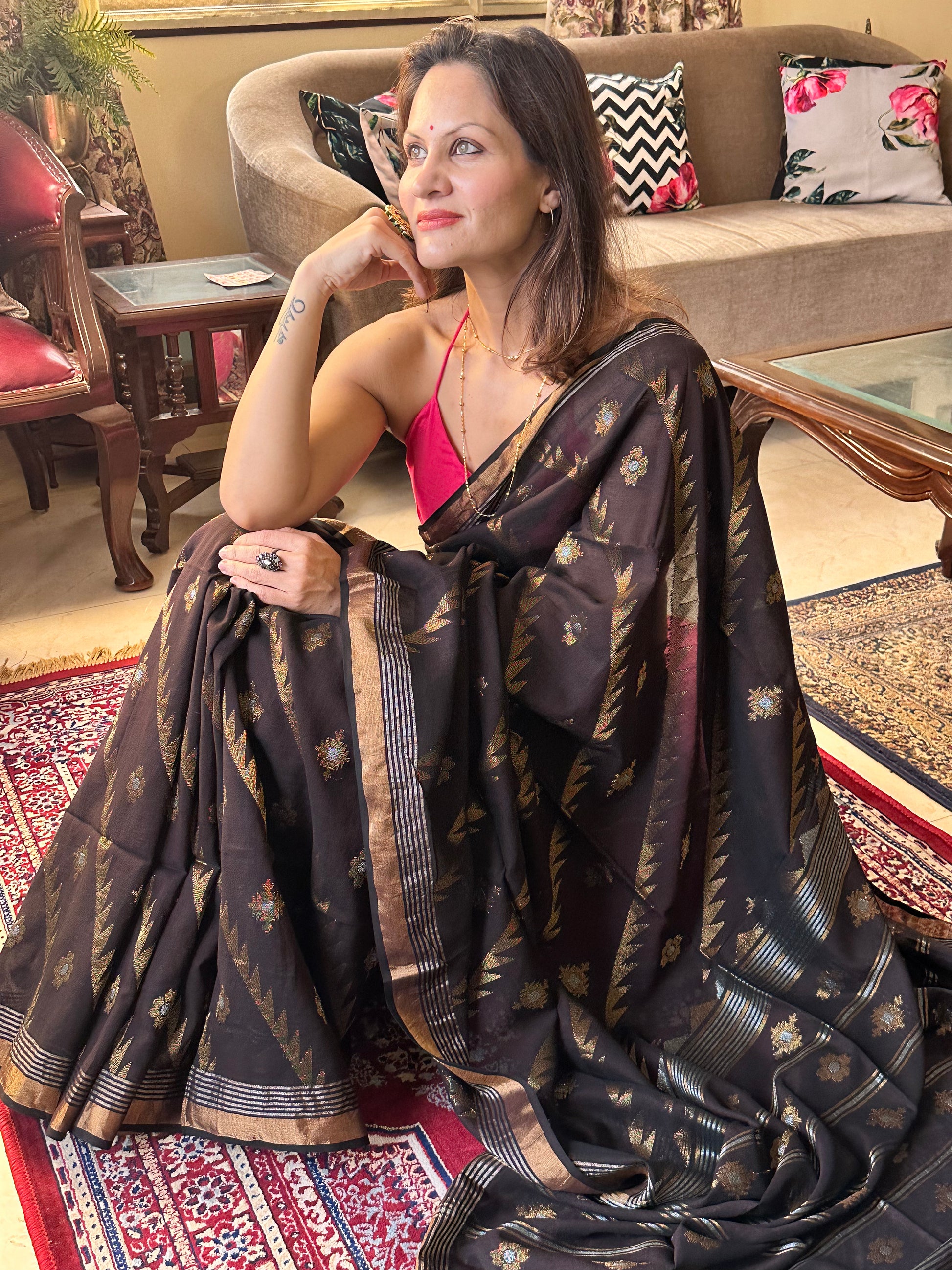 Brown Pure Cotton Jamdani with Intricate Zari Work Sari - Raahini