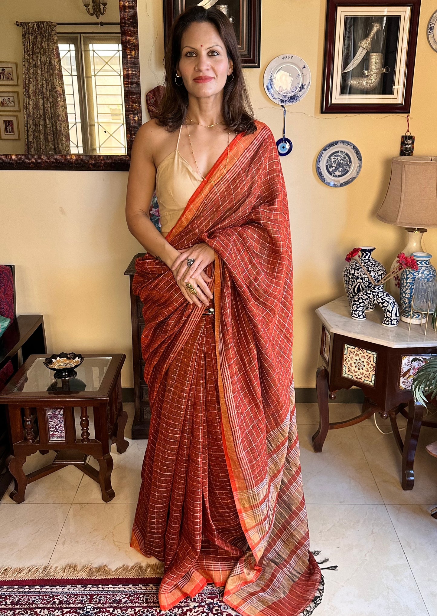 Rust Pure Linen Sari with Silver and Gold Zari Checks - Raahini