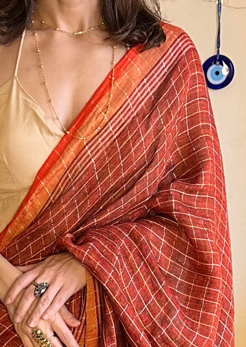 Rust Pure Linen Sari with Silver and Gold Zari Checks - Raahini