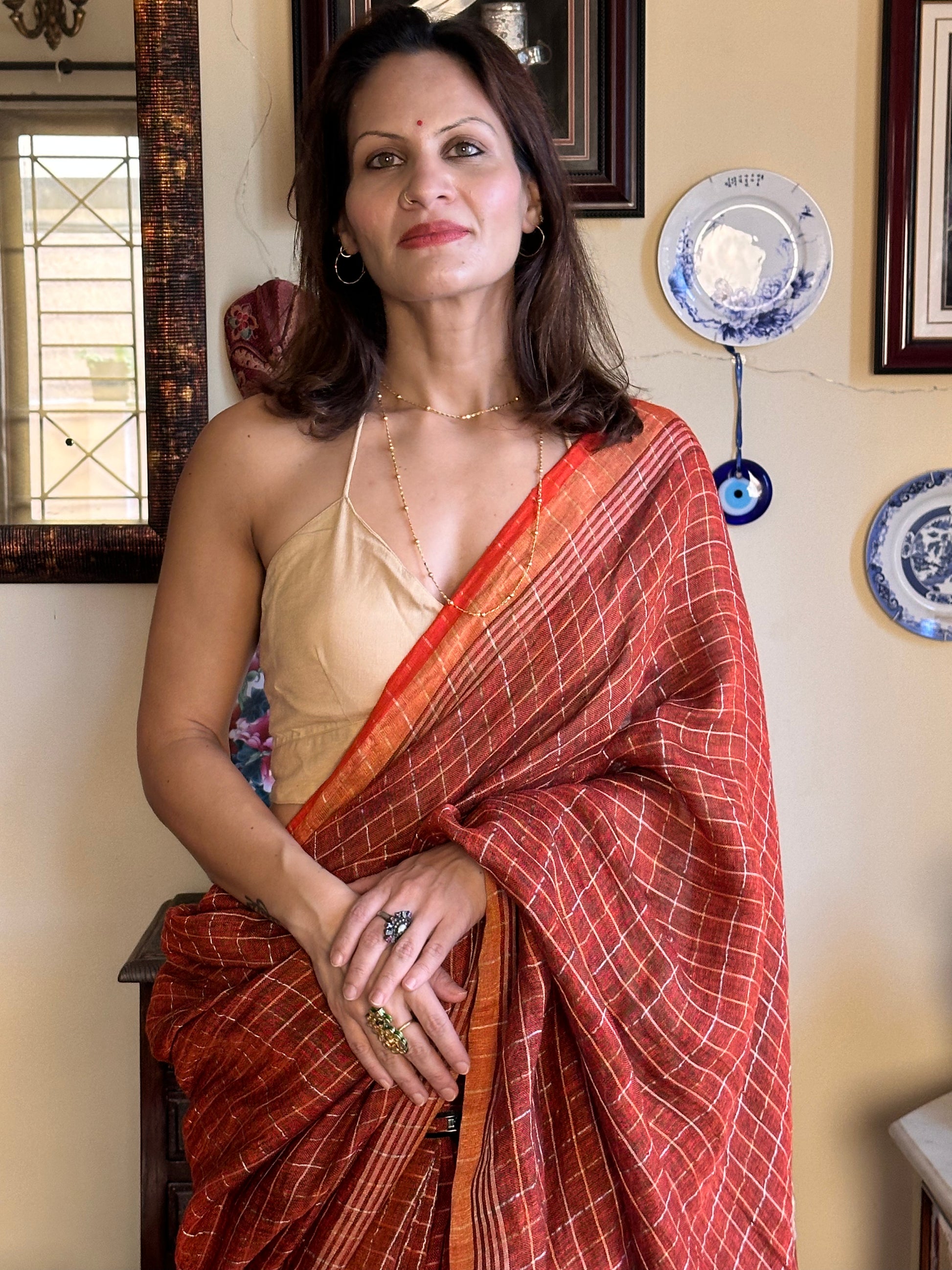 Rust Pure Linen Sari with Silver and Gold Zari Checks - Raahini