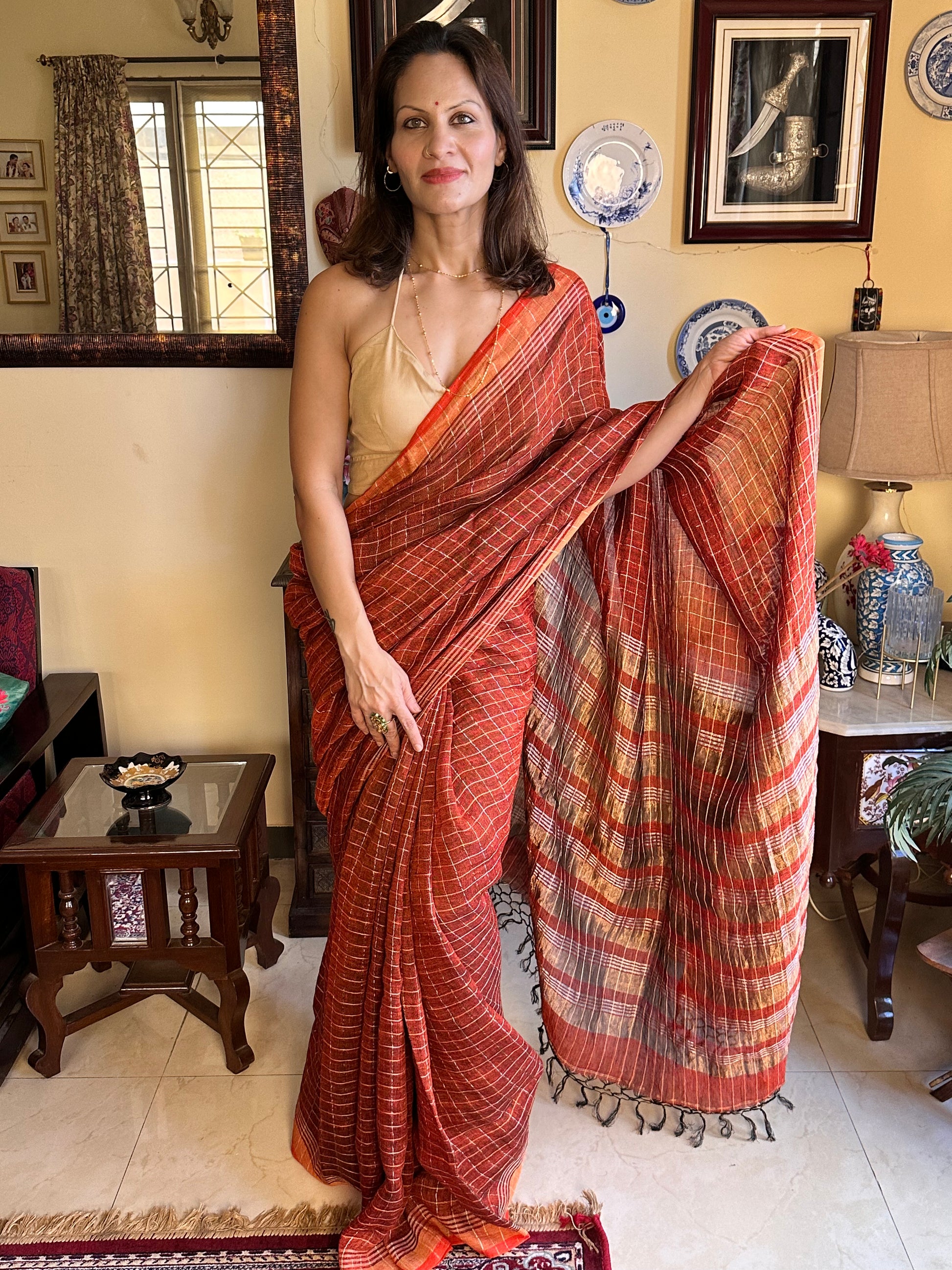 Rust Pure Linen Sari with Silver and Gold Zari Checks - Raahini