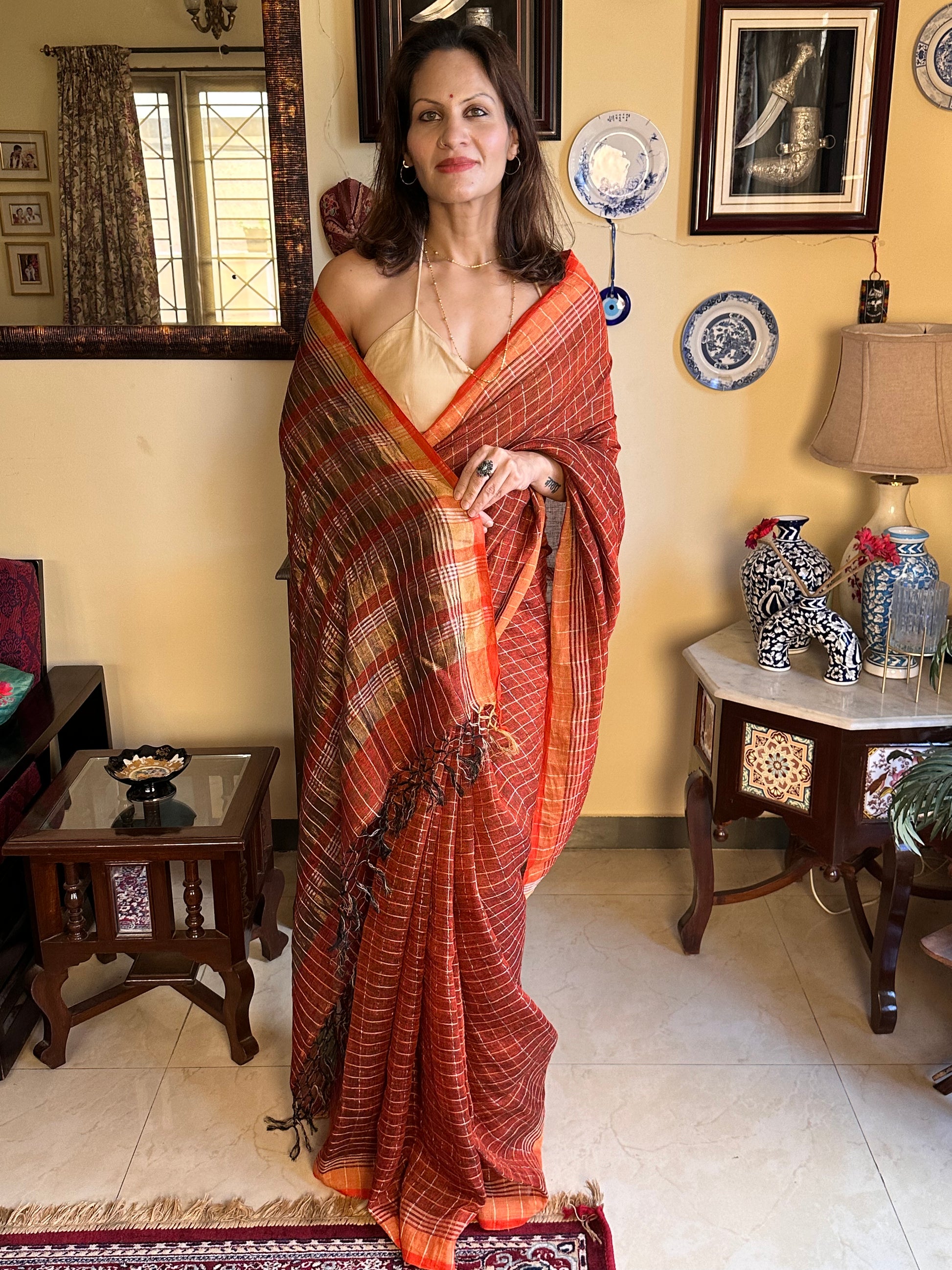 Rust Pure Linen Sari with Silver and Gold Zari Checks - Raahini