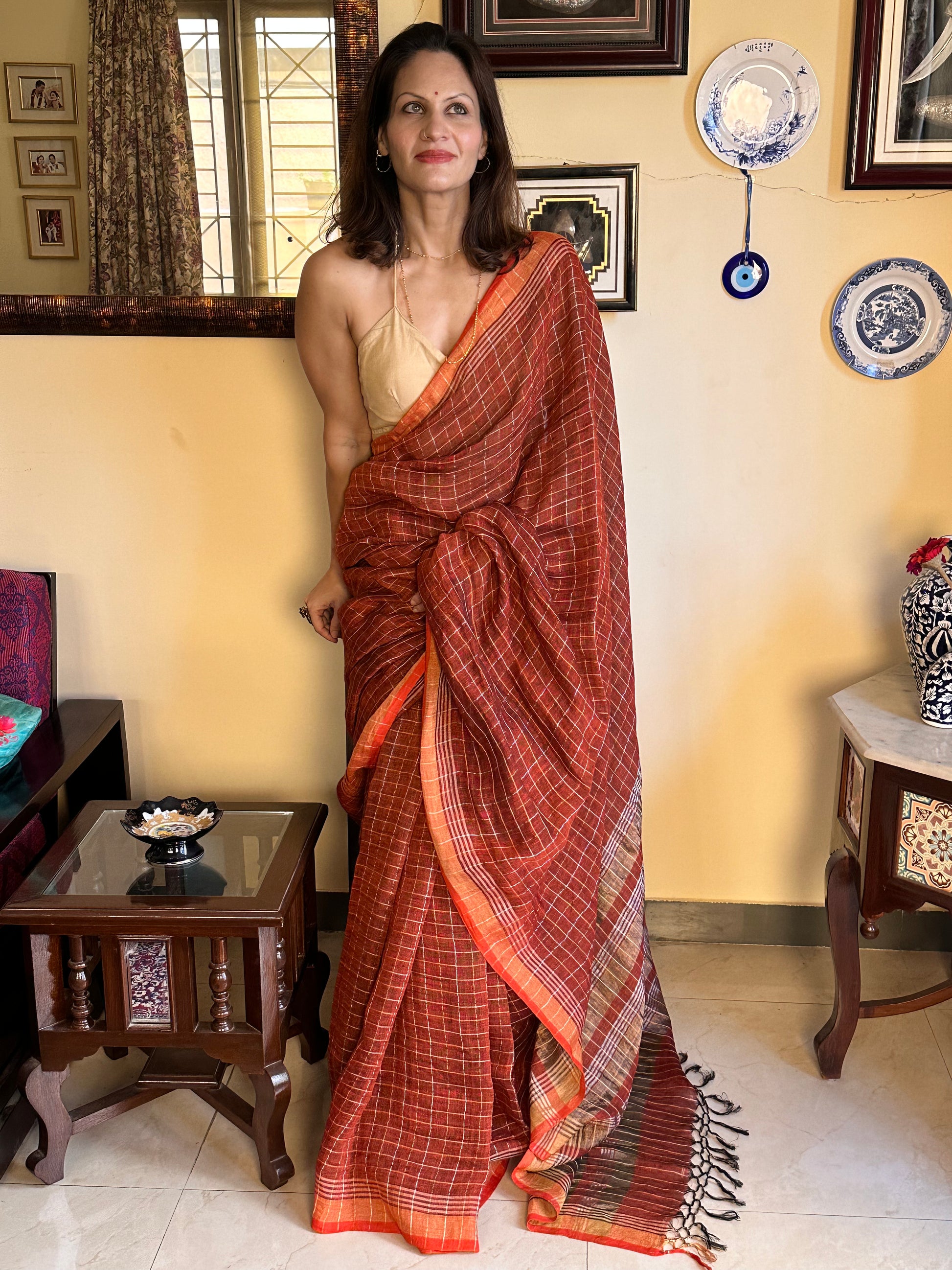 Rust Pure Linen Sari with Silver and Gold Zari Checks - Raahini