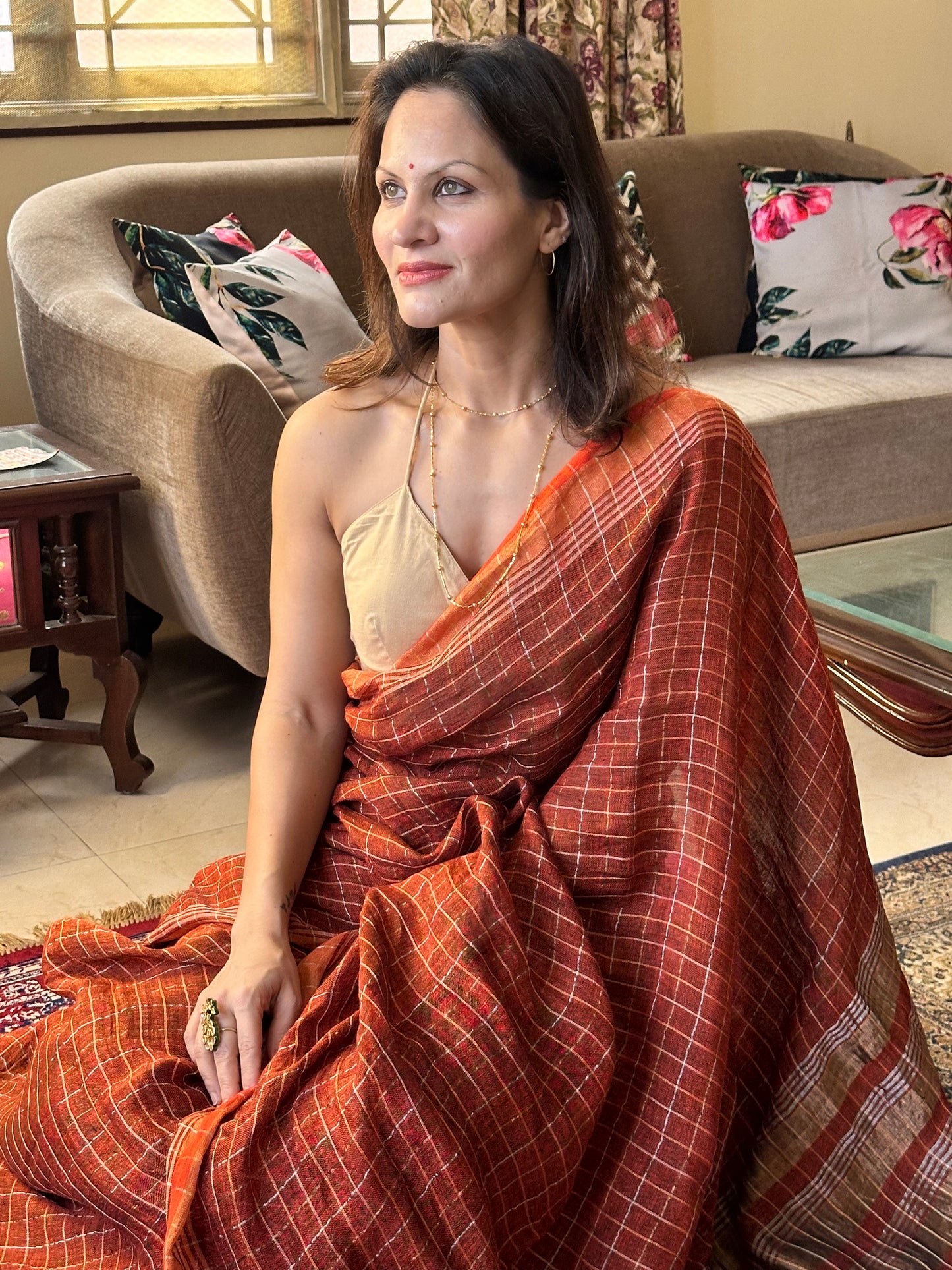 Rust Pure Linen Sari with Silver and Gold Zari Checks - Raahini