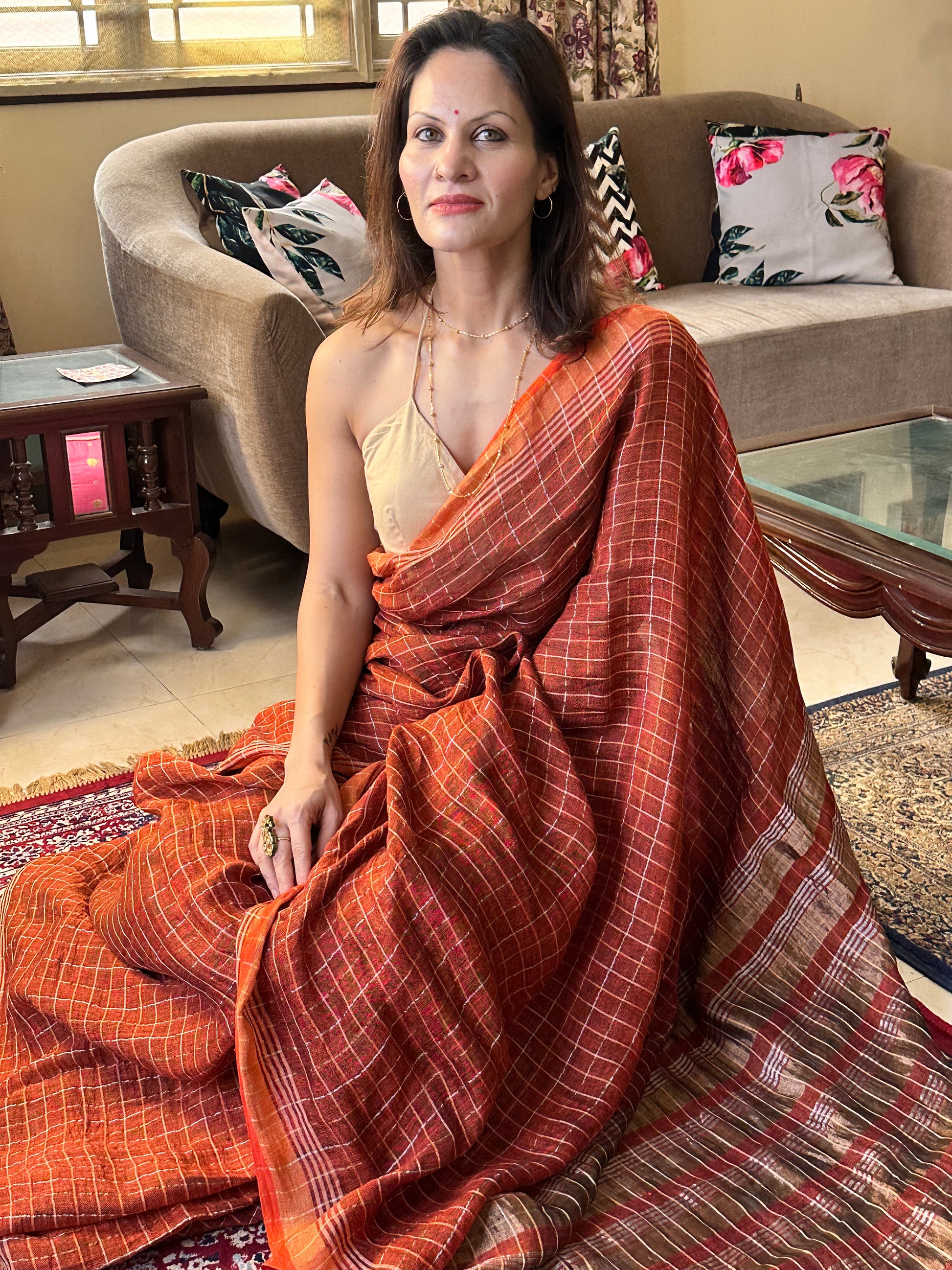 Rust Pure Linen Sari with Silver and Gold Zari Checks - Raahini