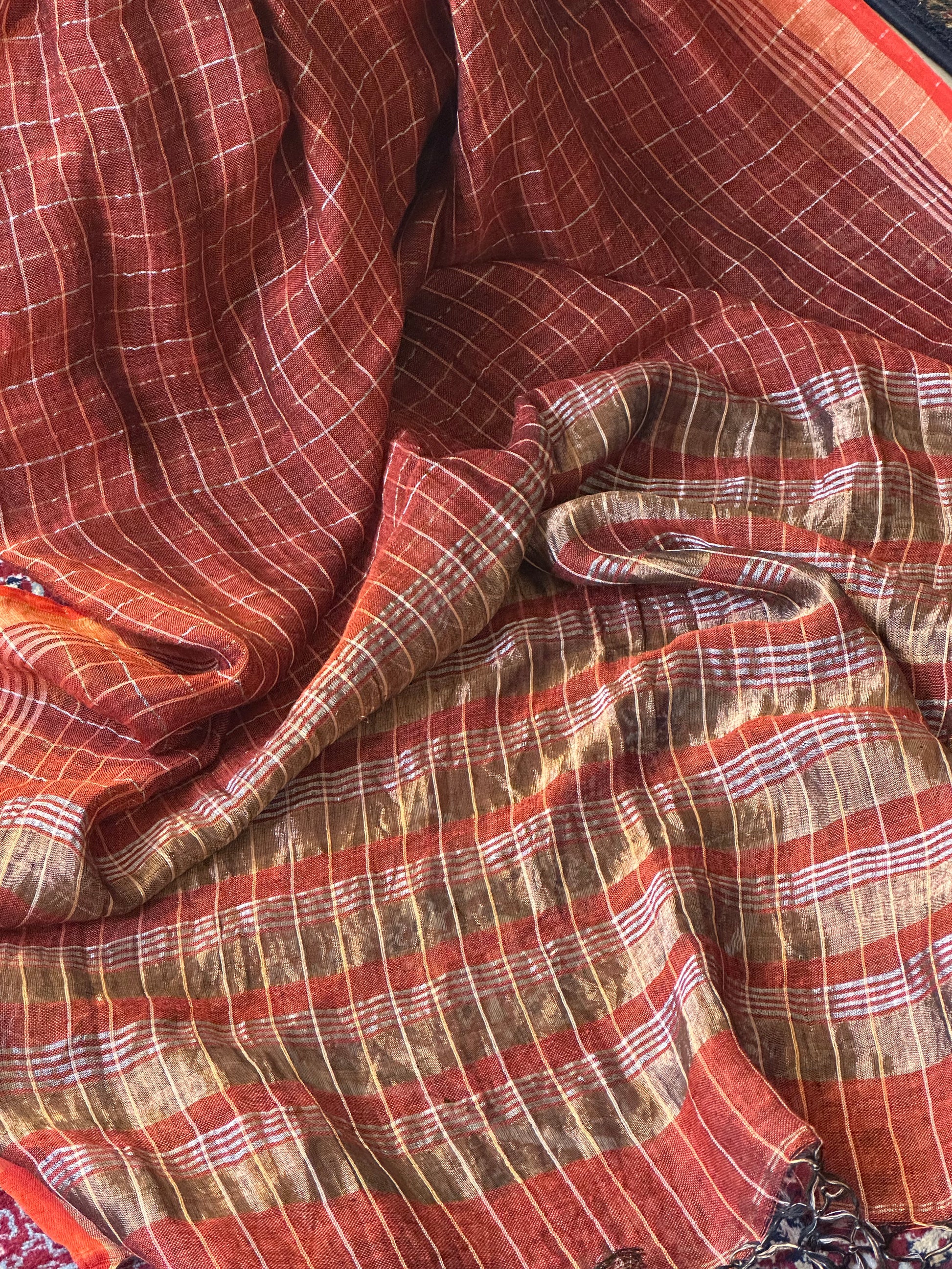 Rust Pure Linen Sari with Silver and Gold Zari Checks - Raahini