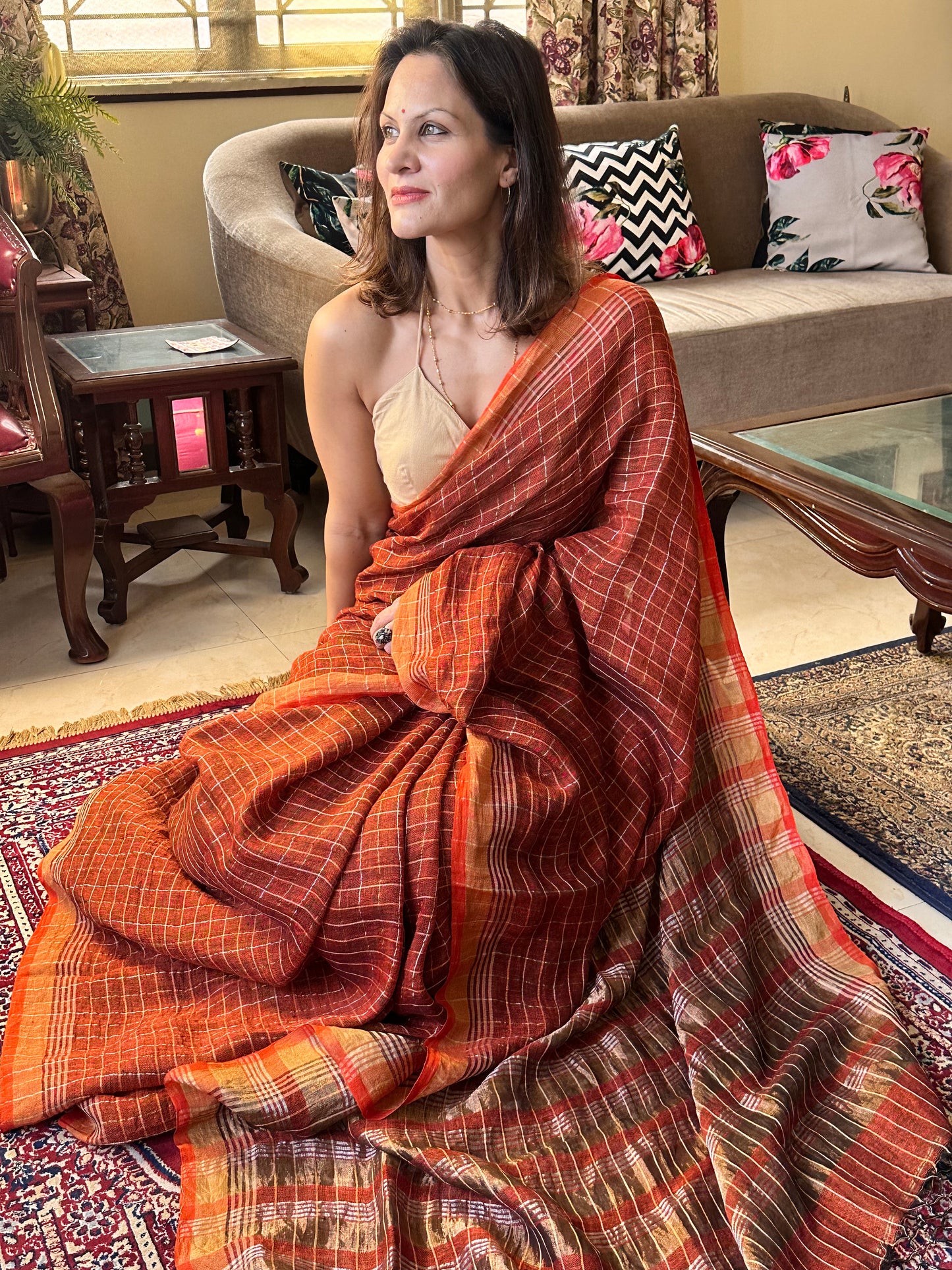 Rust Pure Linen Sari with Silver and Gold Zari Checks - Raahini