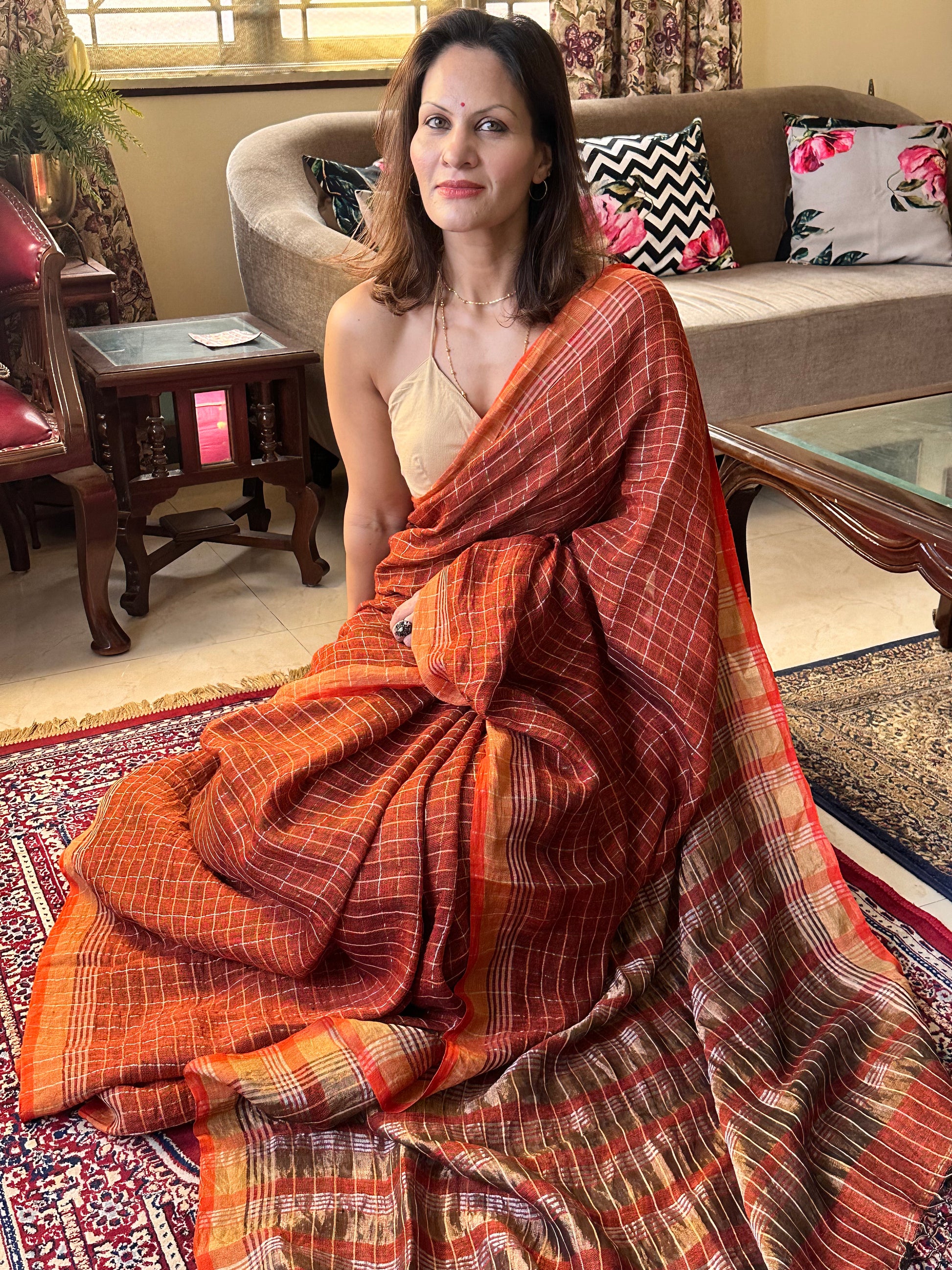 Rust Pure Linen Sari with Silver and Gold Zari Checks - Raahini