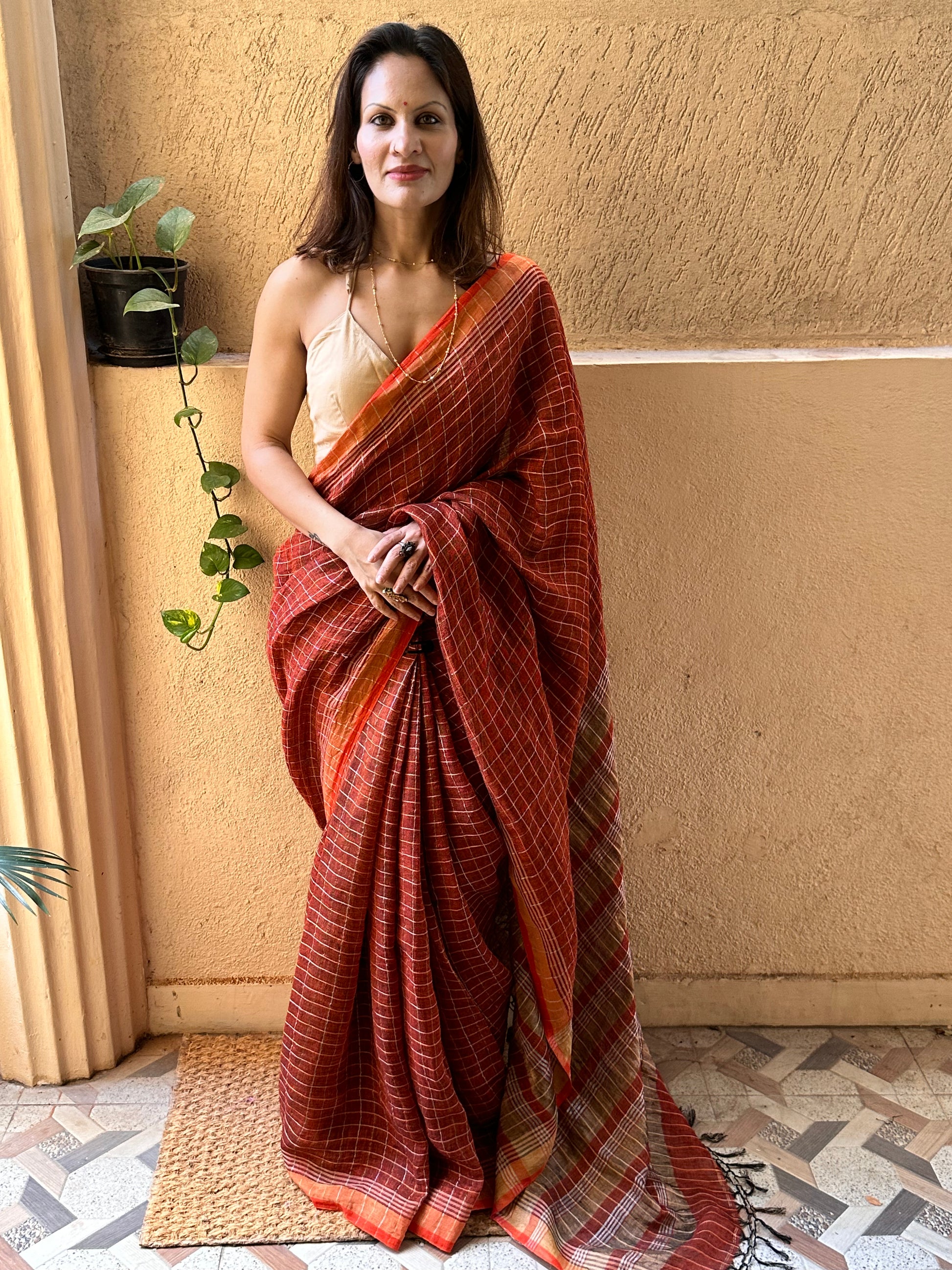 Rust Pure Linen Sari with Silver and Gold Zari Checks - Raahini