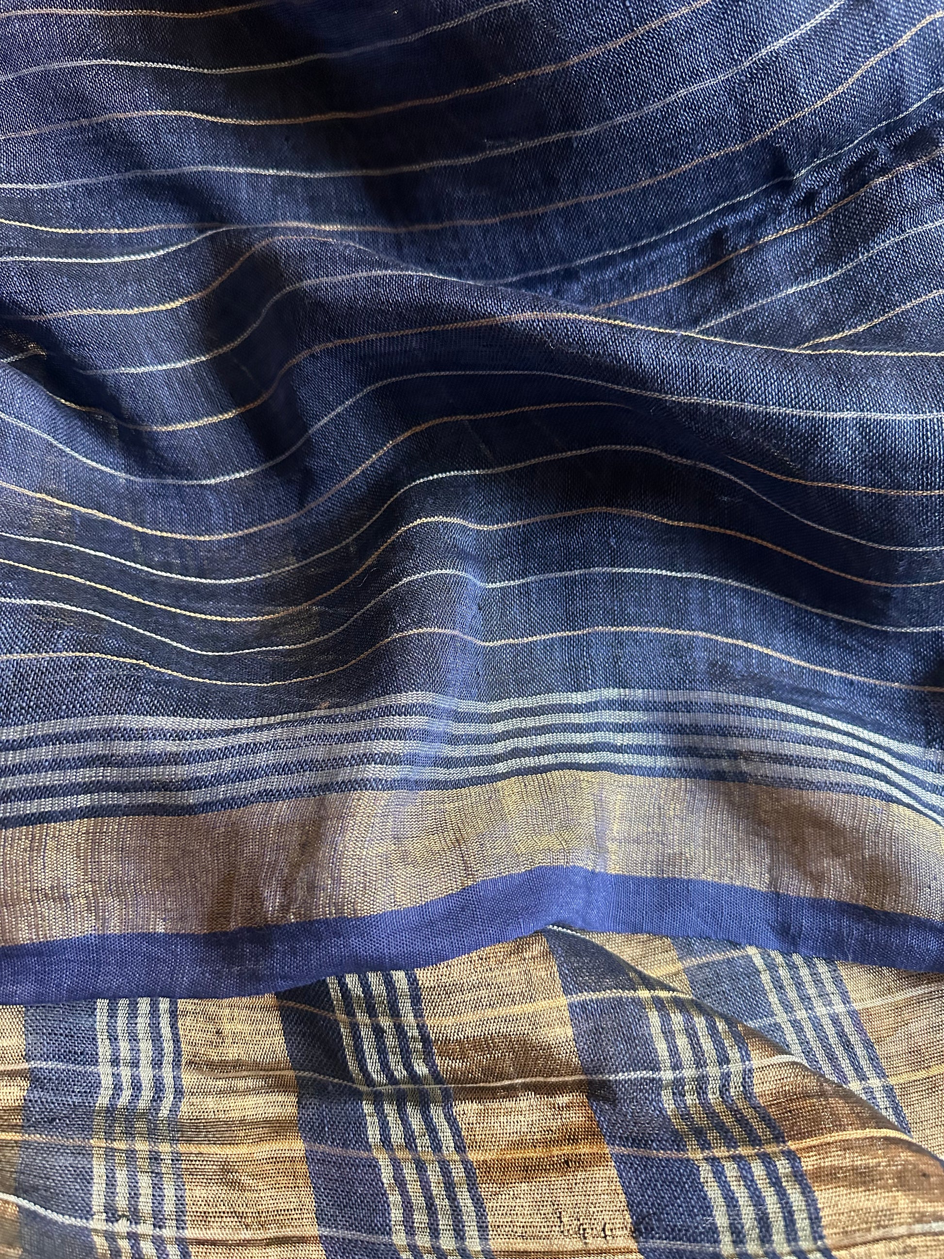 Blue Pure Linen Sari with Silver and Gold Zari Checks - Raahini