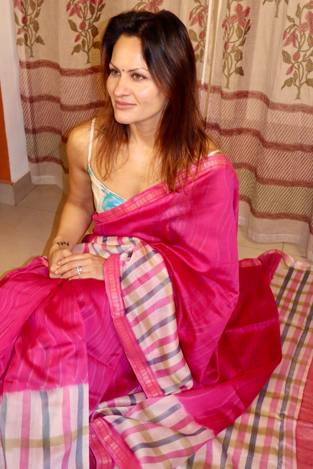 Pink Maheshwari Saree with Block Print and Checks