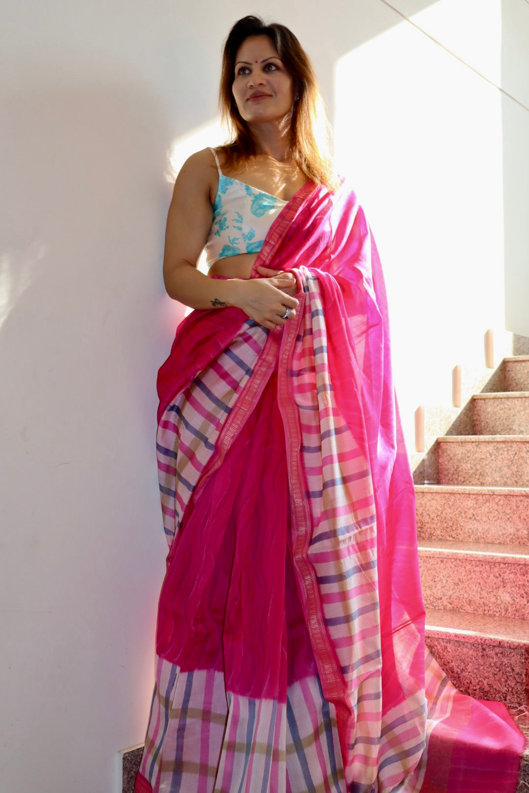 Pink Maheshwari Saree with Block Print and Checks