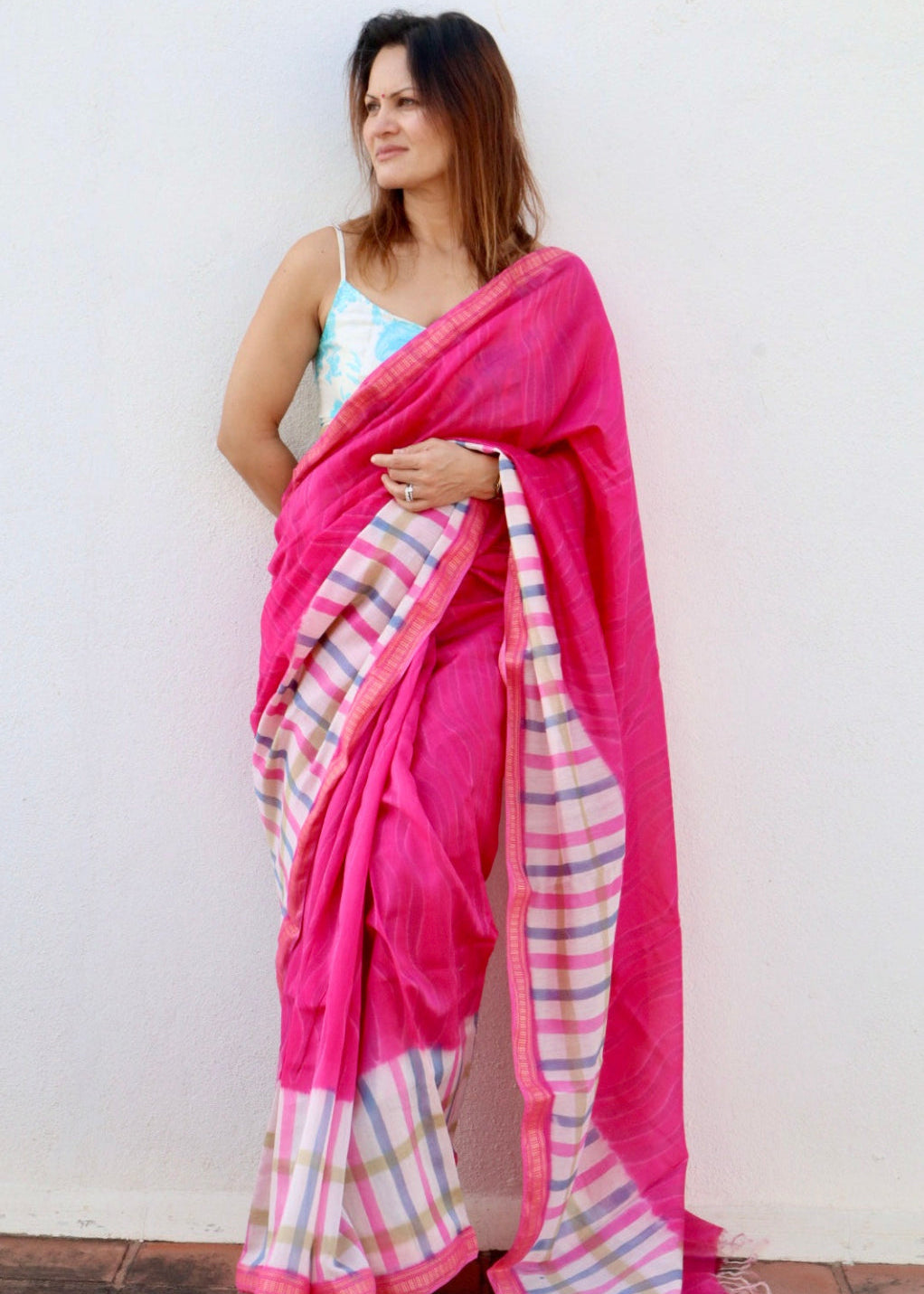 Pink Maheshwari Saree with Block Print and Checks
