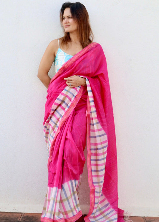 Pink Maheshwari Saree with Block Print and Checks