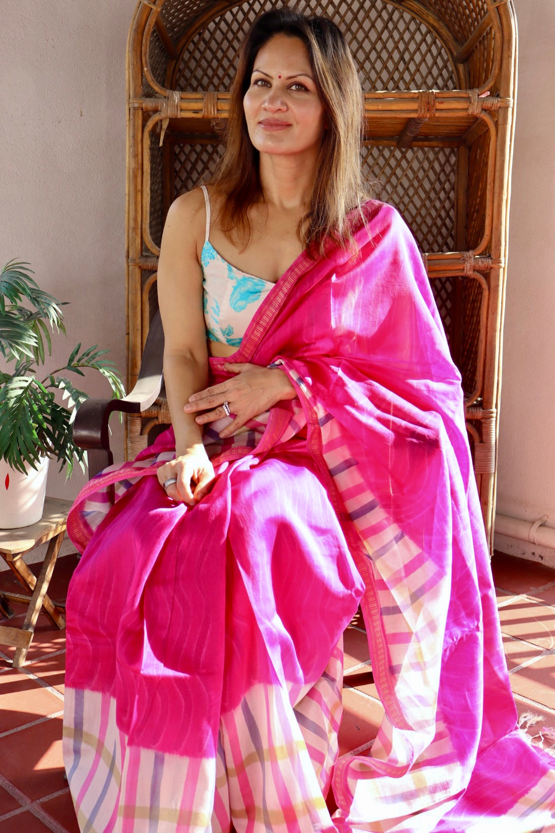 Pink Maheshwari Saree with Block Print and Checks
