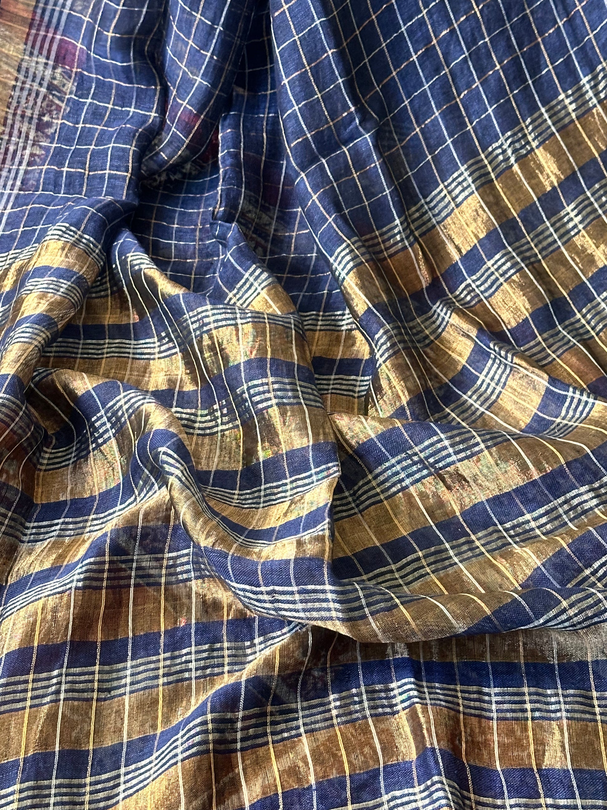 Blue Pure Linen Sari with Silver and Gold Zari Checks - Raahini