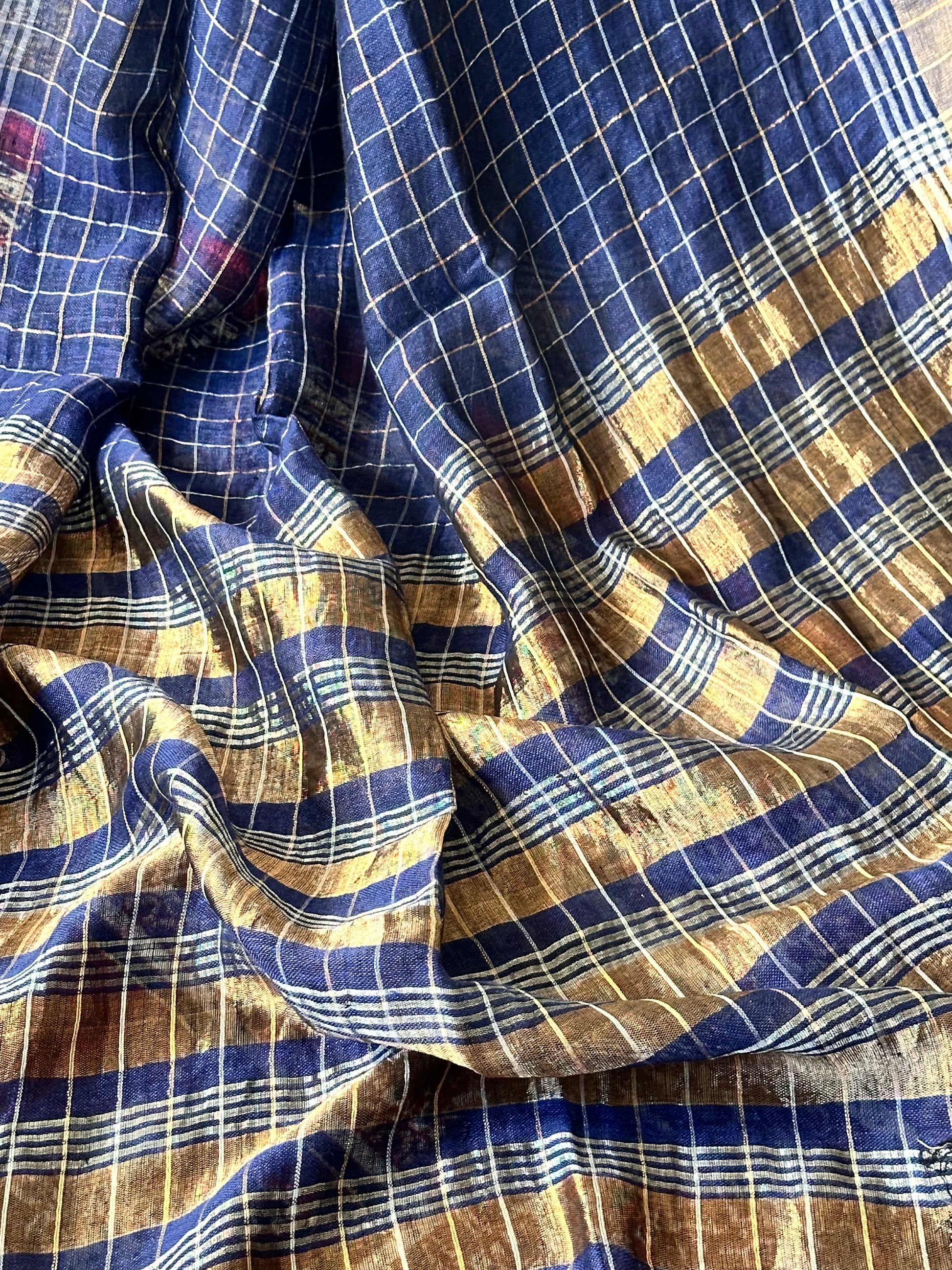 Blue Pure Linen Sari with Silver and Gold Zari Checks - Raahini