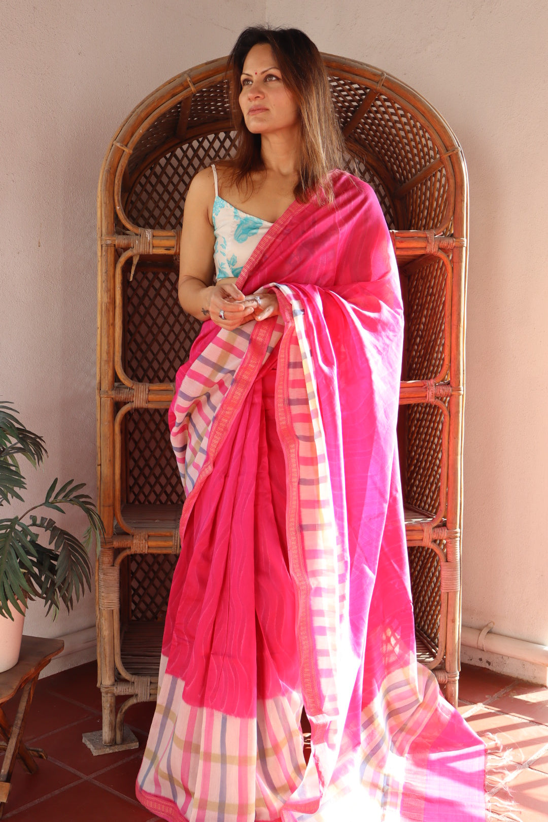 Pink Maheshwari Saree with Block Print and Checks