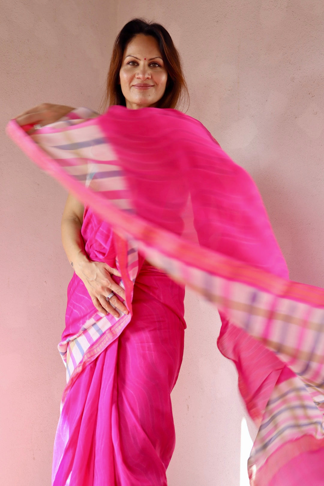 Pink Maheshwari Saree with Block Print and Checks