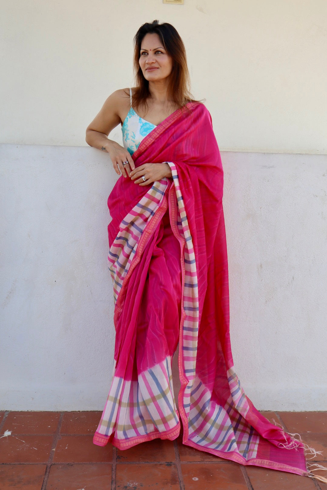 Pink Maheshwari Saree with Block Print and Checks