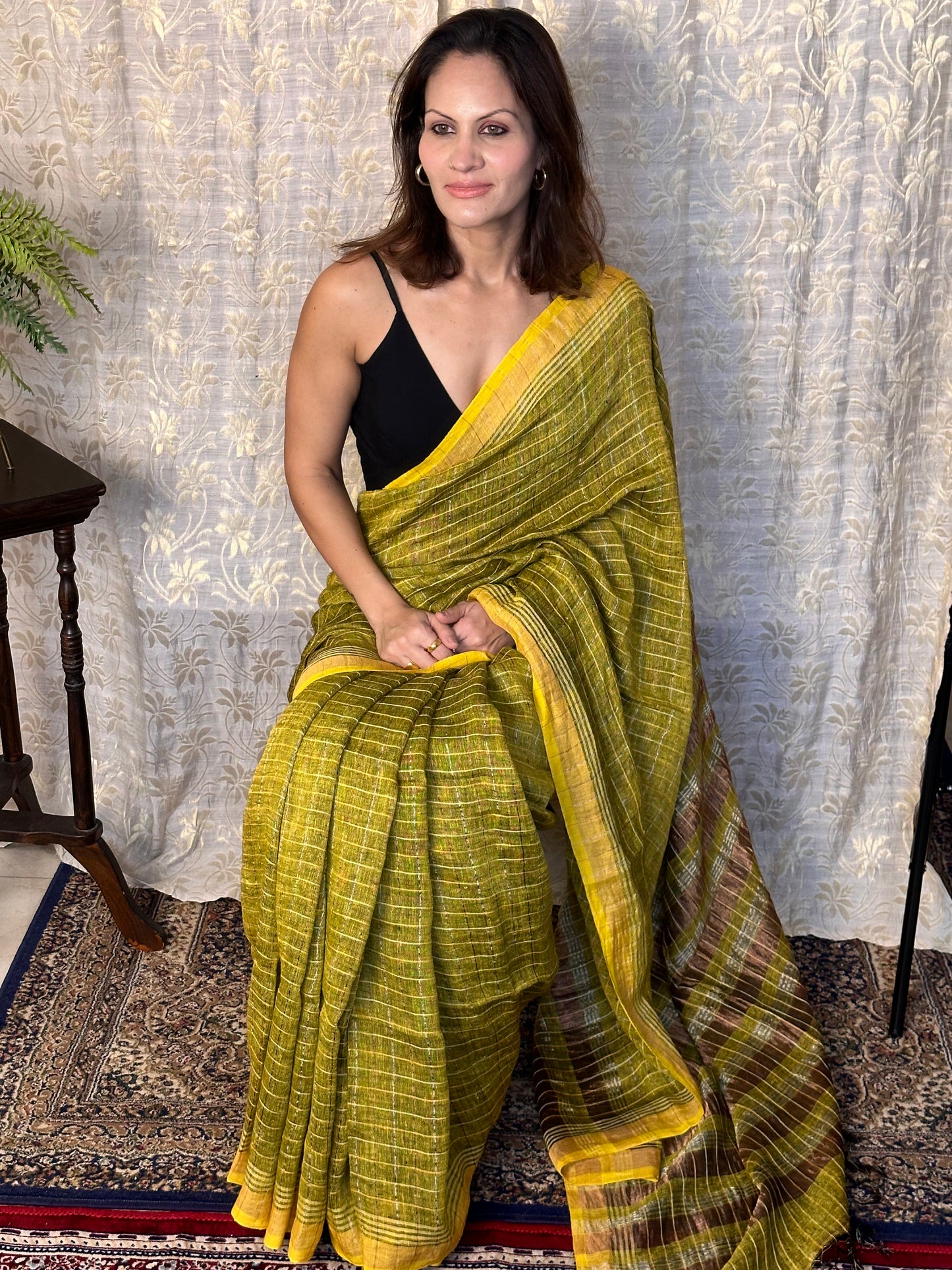 Yellow Pure Linen Sari with Silver and Gold Zari Checks - Raahini