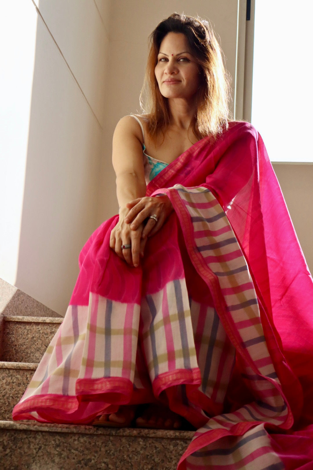 Pink Maheshwari Saree with Block Print and Checks