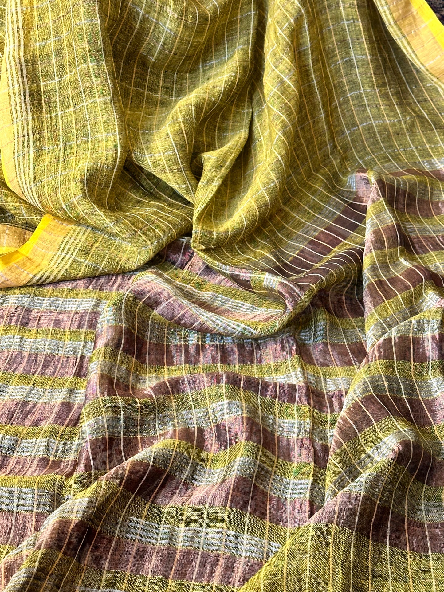 Yellow Pure Linen Sari with Silver and Gold Zari Checks - Raahini