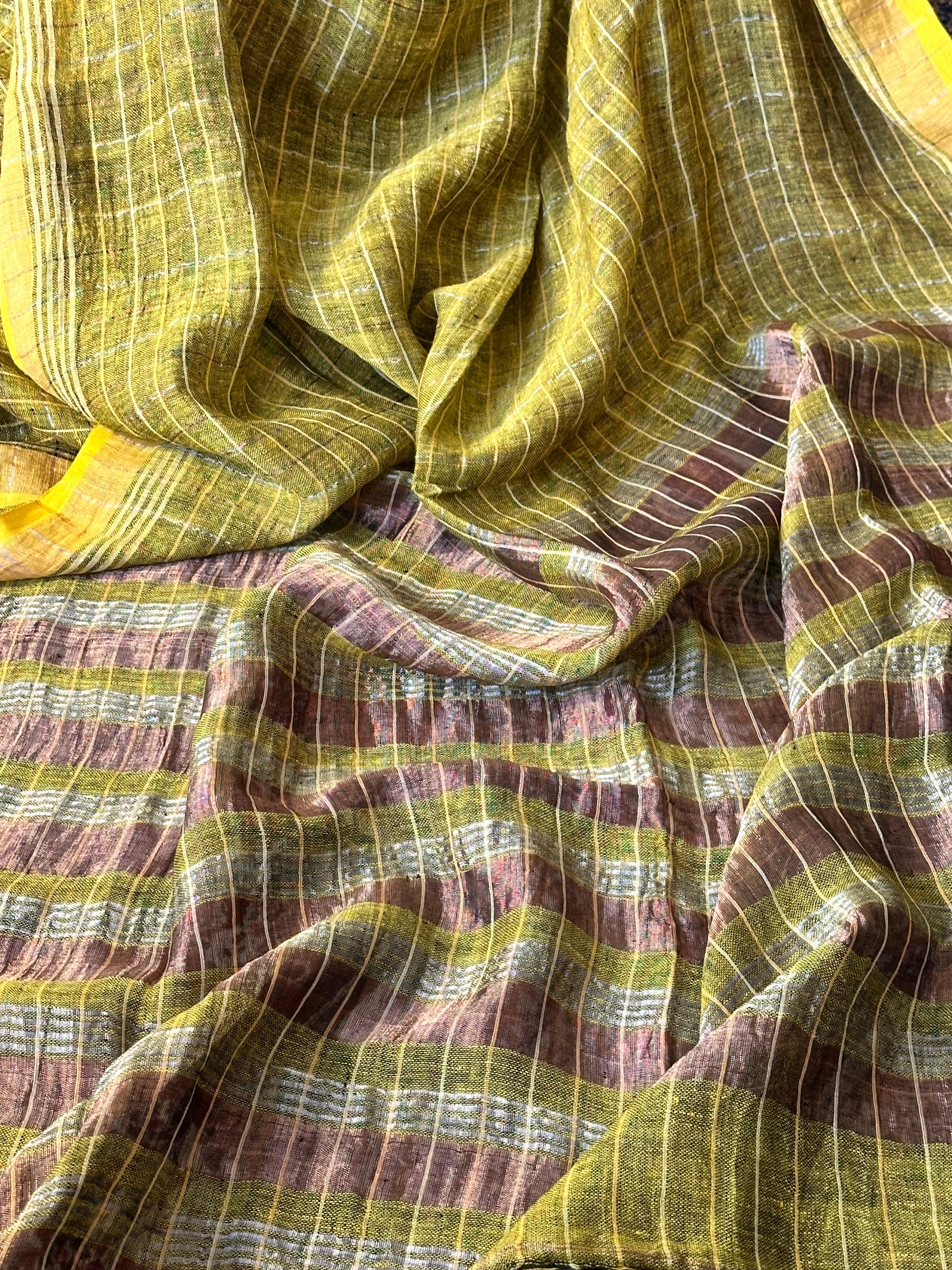 Yellow Pure Linen Sari with Silver and Gold Zari Checks - Raahini