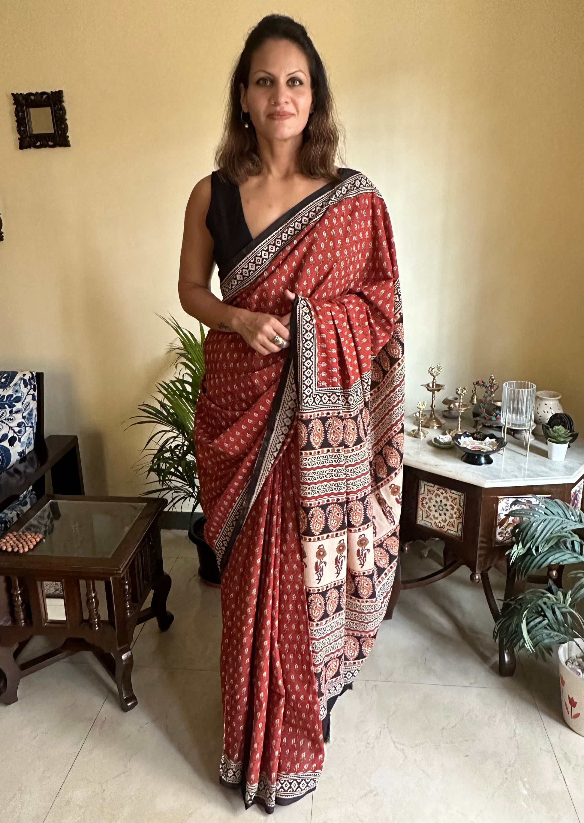 Mul Mul Cotton Hand block Bagru Print Sari - Raahini