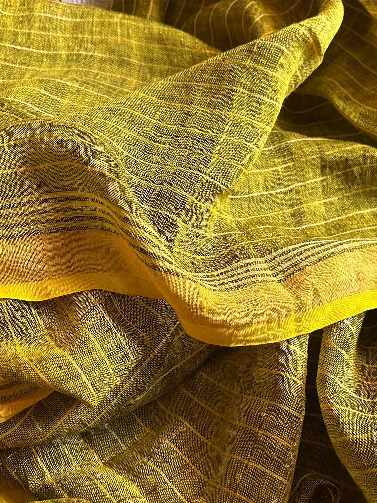 Yellow Pure Linen Sari with Silver and Gold Zari Checks - Raahini