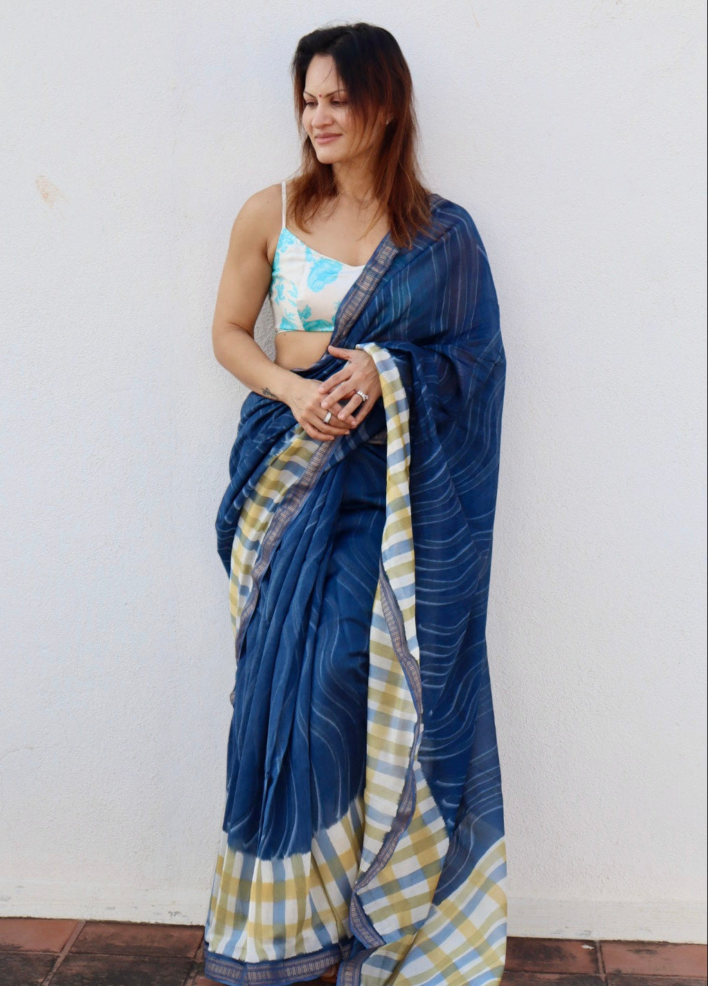 Blue Maheshwari Saree with Block Print and Checks