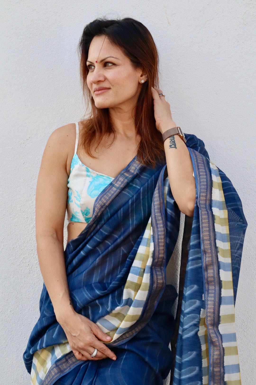 Blue Maheshwari Saree with Block Print and Checks