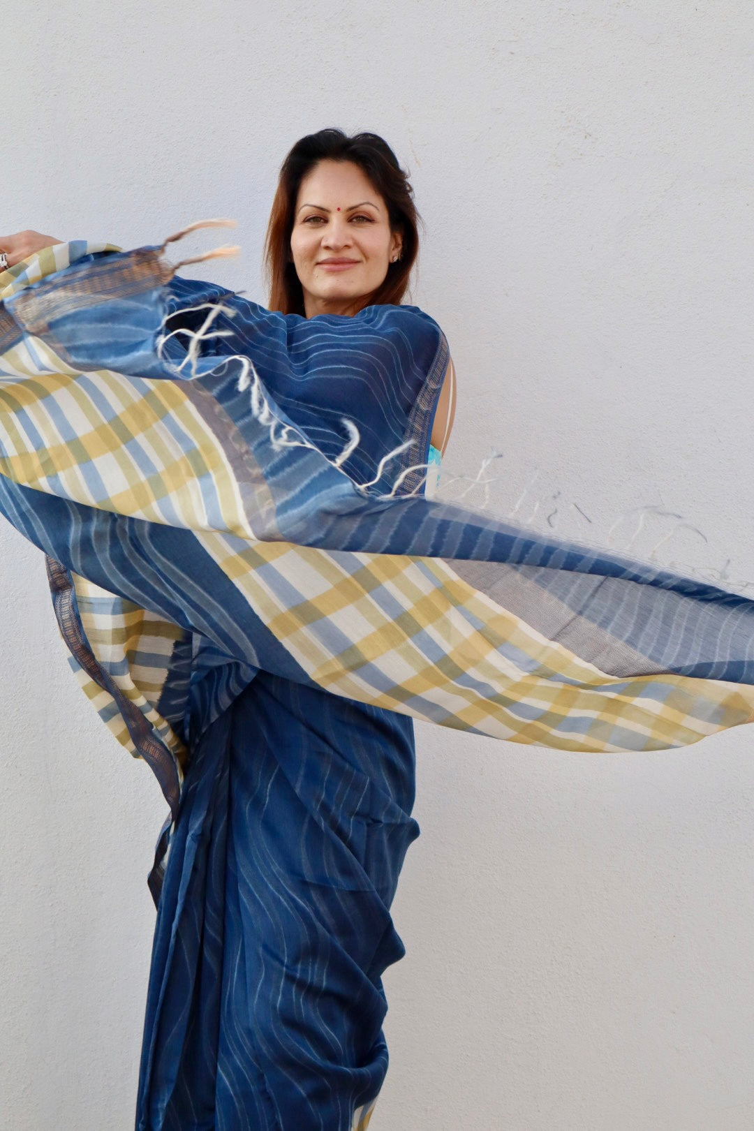 Blue Maheshwari Saree with Block Print and Checks