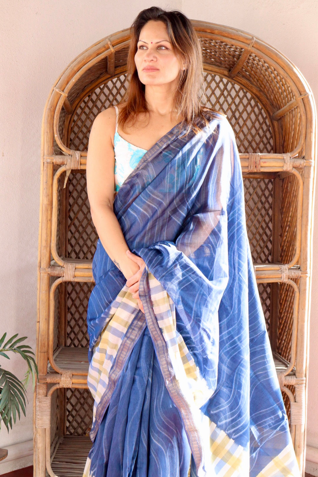 Blue Maheshwari Saree with Block Print and Checks