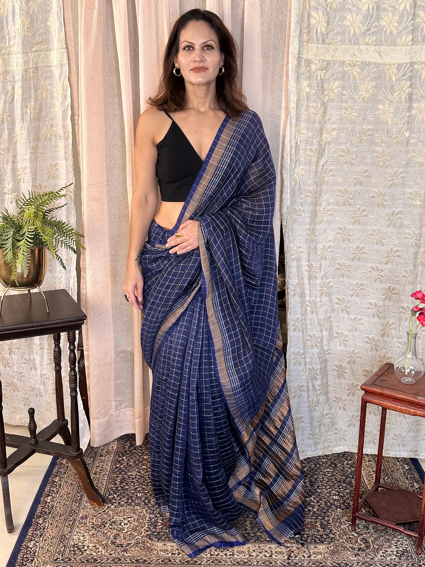 Blue Pure Linen Sari with Silver and Gold Zari Checks - Raahini