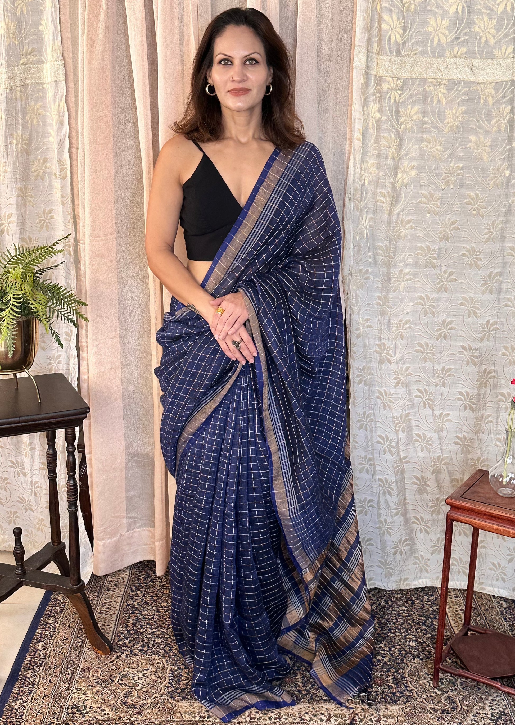 Blue Pure Linen Sari with Silver and Gold Zari Checks - Raahini