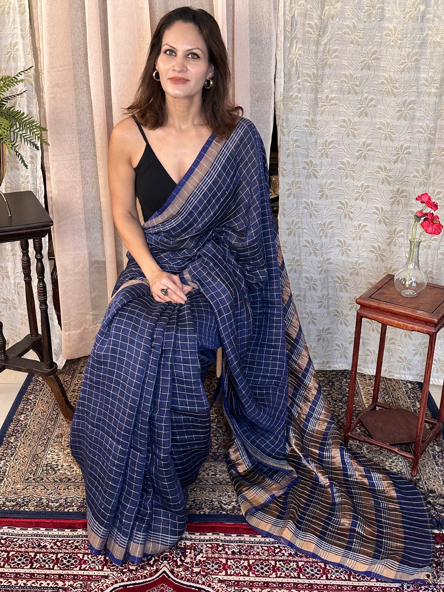 Blue Pure Linen Sari with Silver and Gold Zari Checks - Raahini