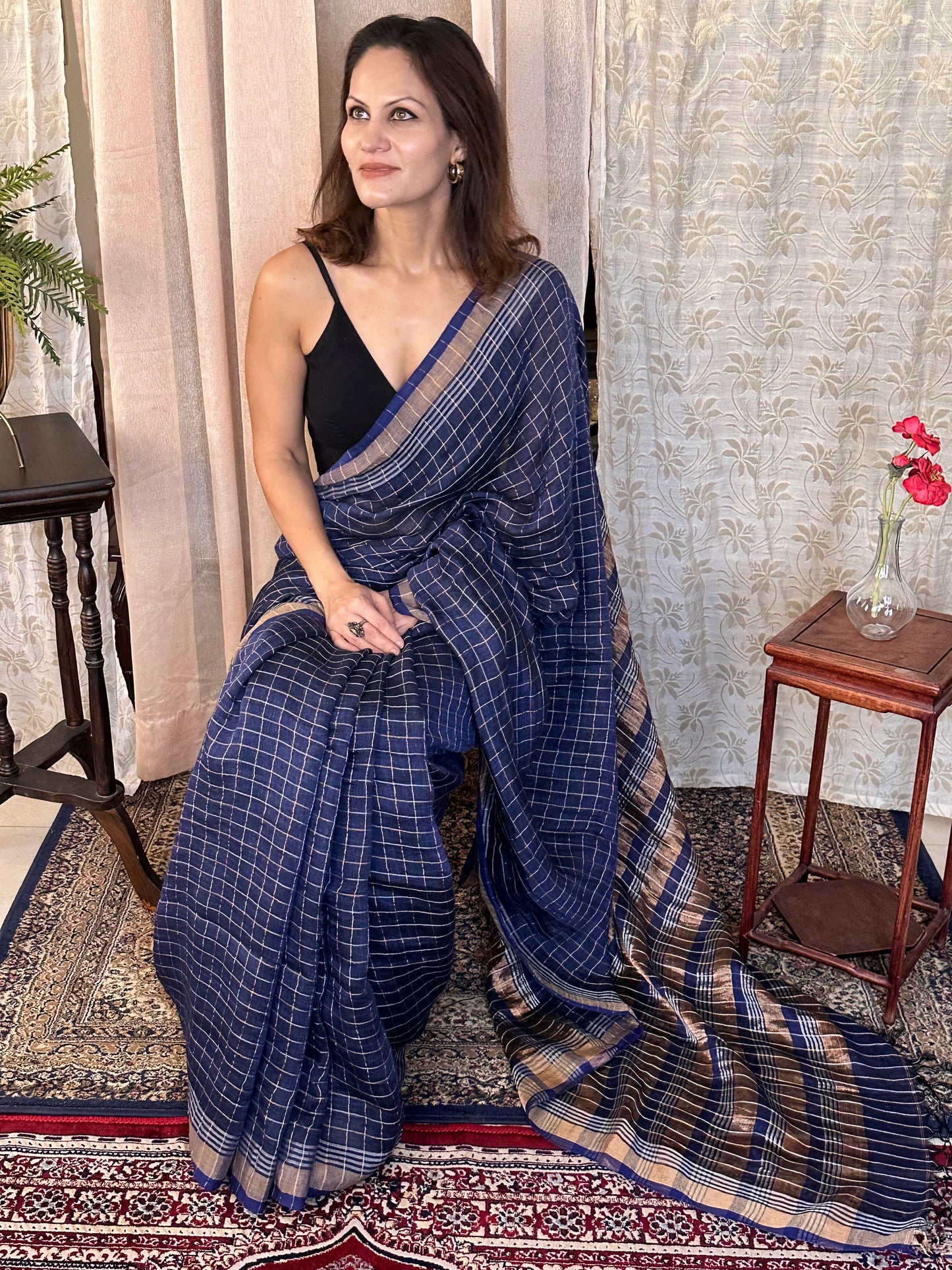 Blue Pure Linen Sari with Silver and Gold Zari Checks - Raahini