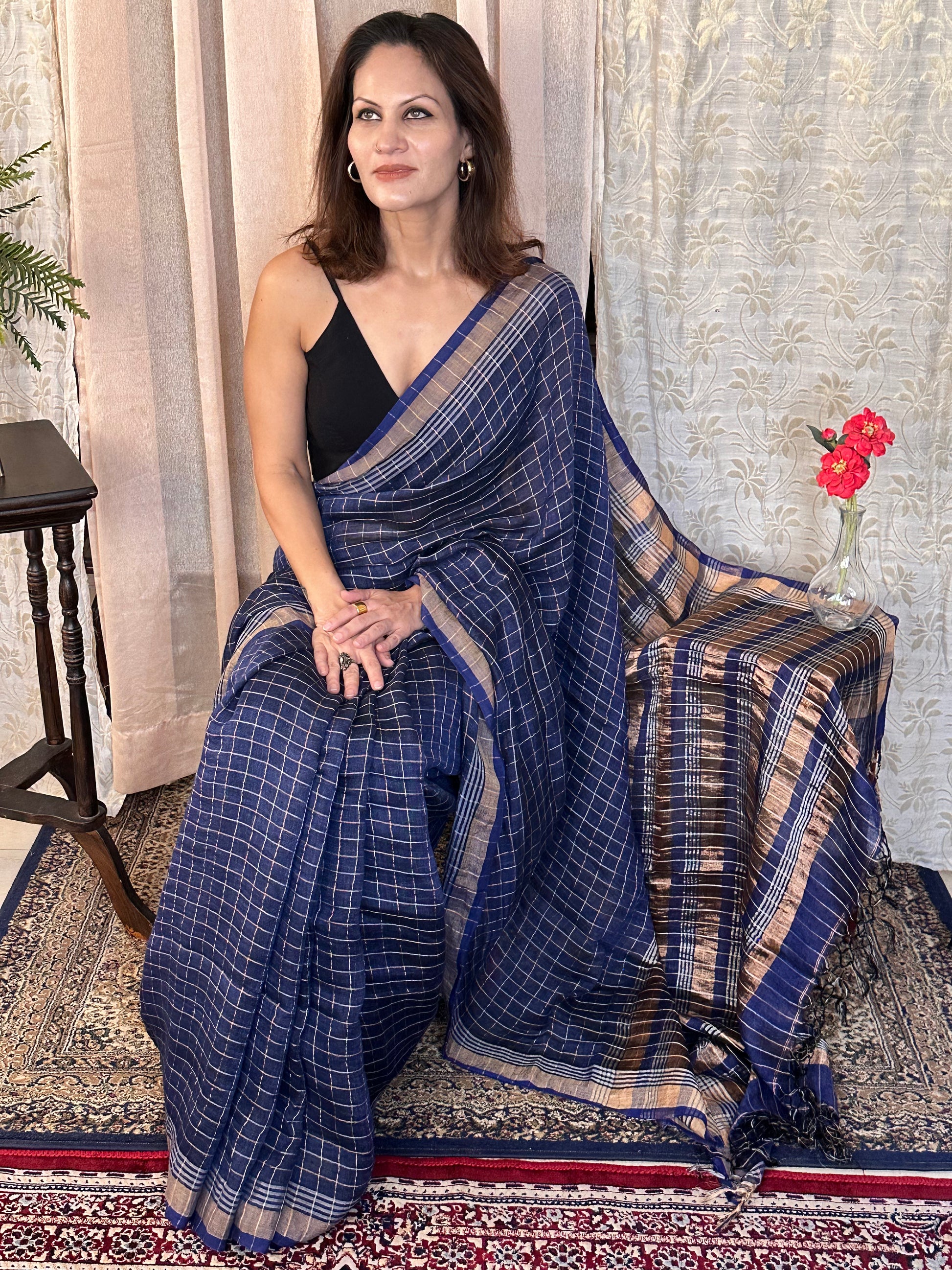 Blue Pure Linen Sari with Silver and Gold Zari Checks - Raahini