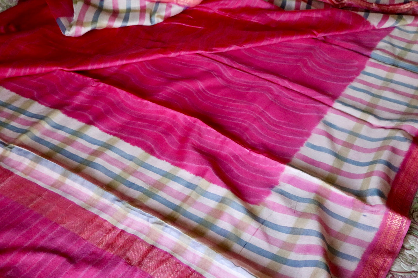 Pink Maheshwari Saree with Block Print and Checks