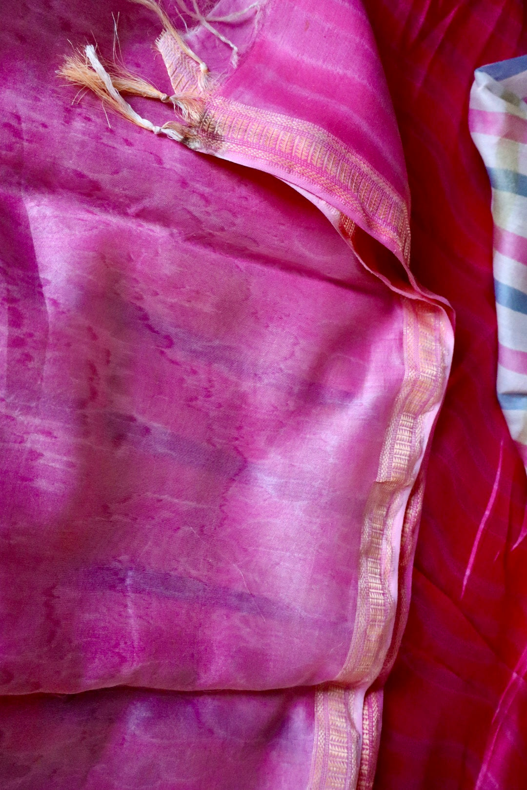 Pink Maheshwari Saree with Block Print and Checks