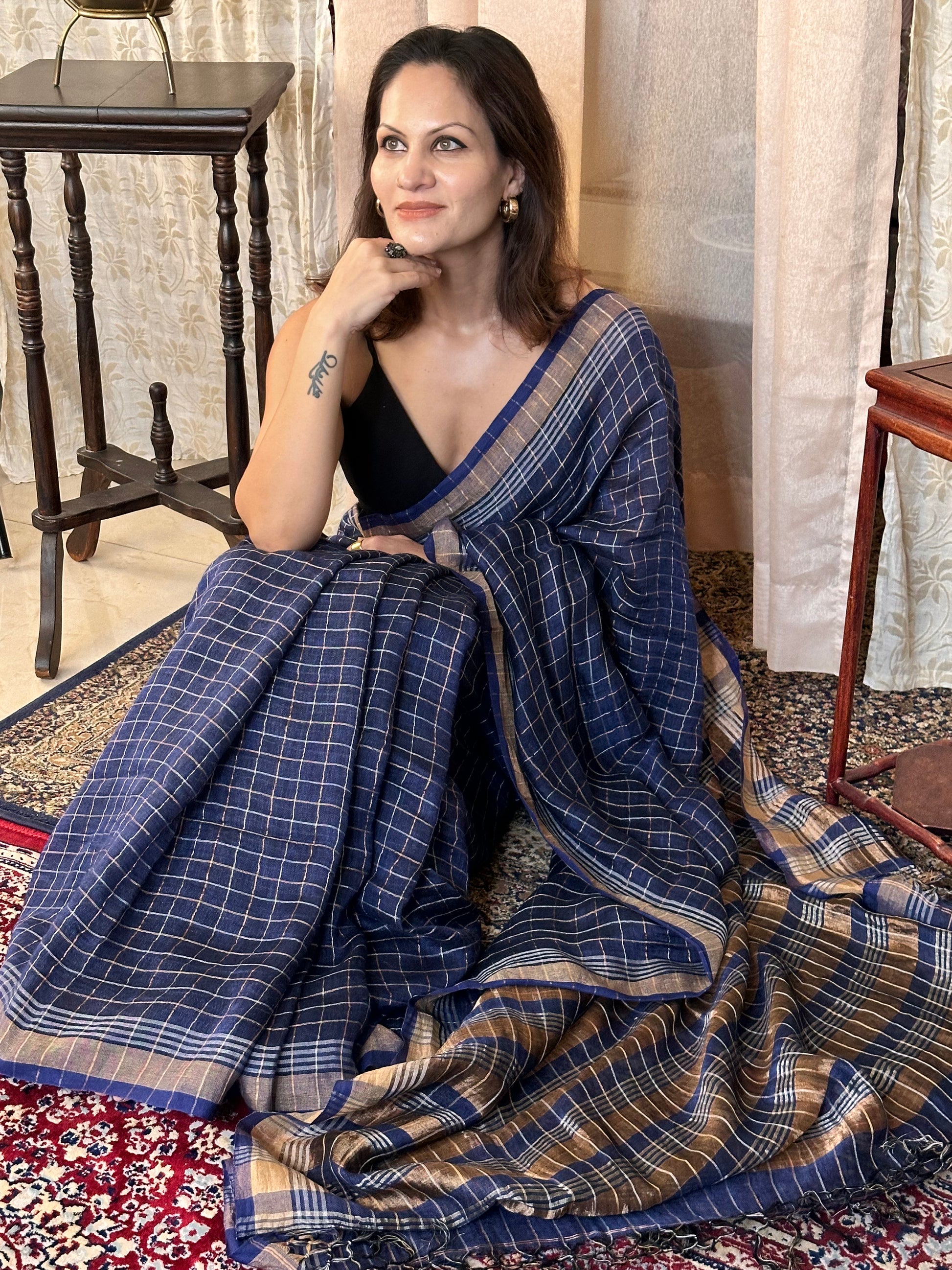 Blue Pure Linen Sari with Silver and Gold Zari Checks - Raahini