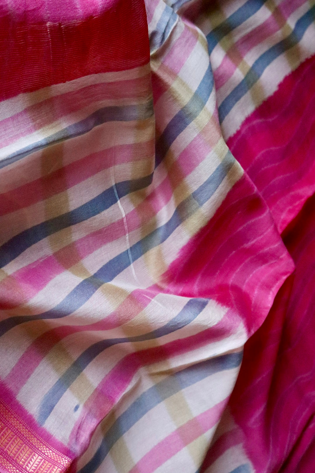 Pink Maheshwari Saree with Block Print and Checks