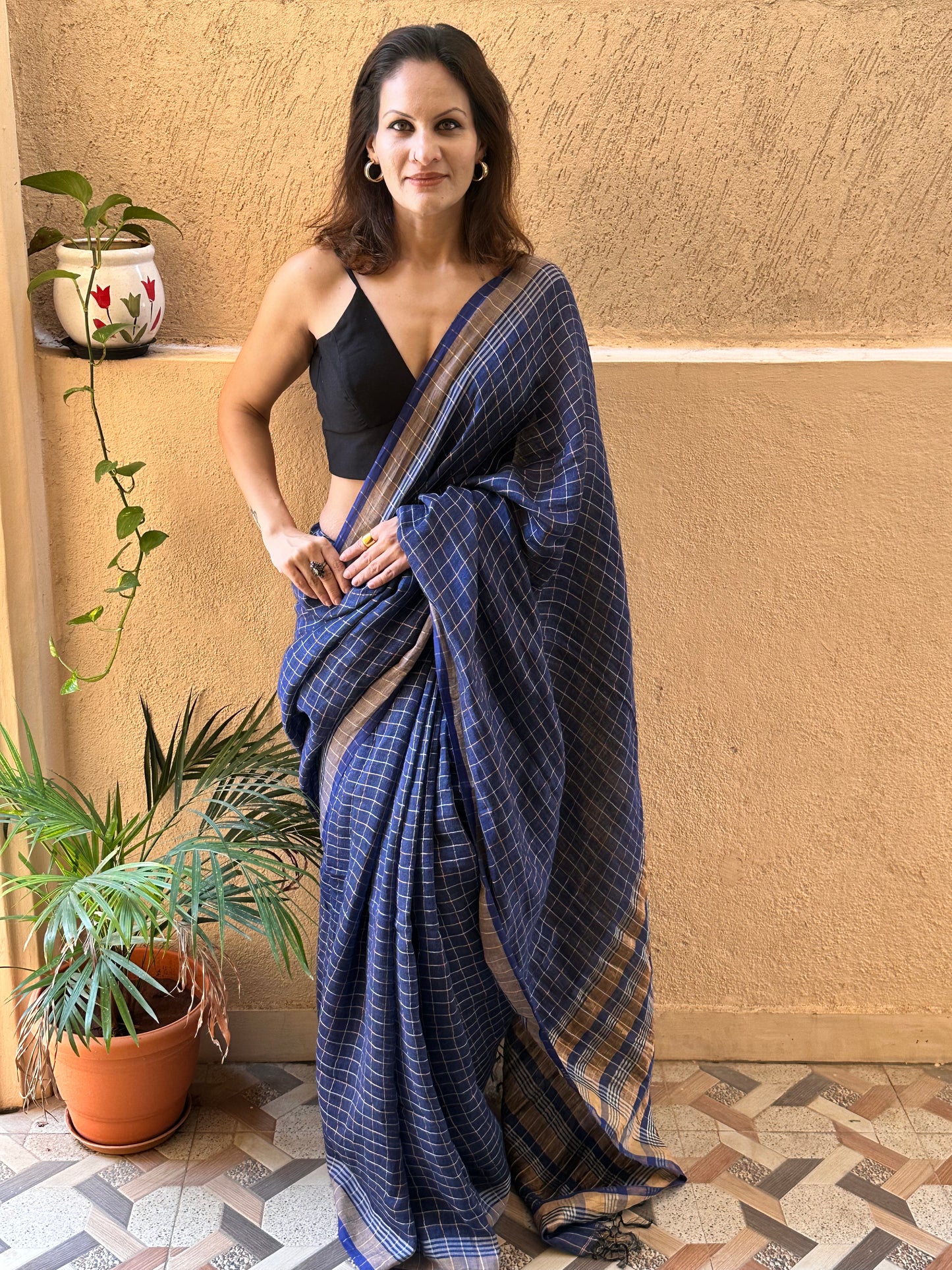 Blue Pure Linen Sari with Silver and Gold Zari Checks - Raahini