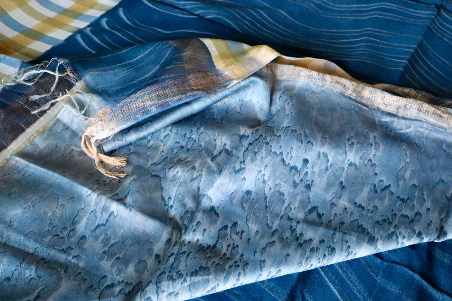 Blue Maheshwari Saree with Block Print and Checks