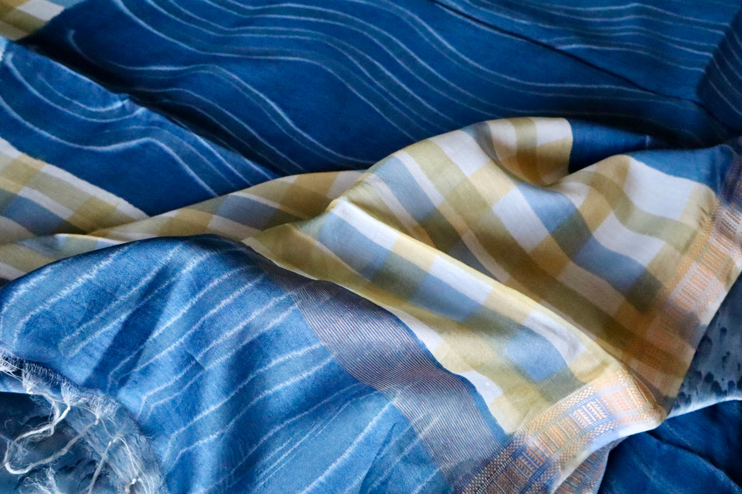 Blue Maheshwari Saree with Block Print and Checks