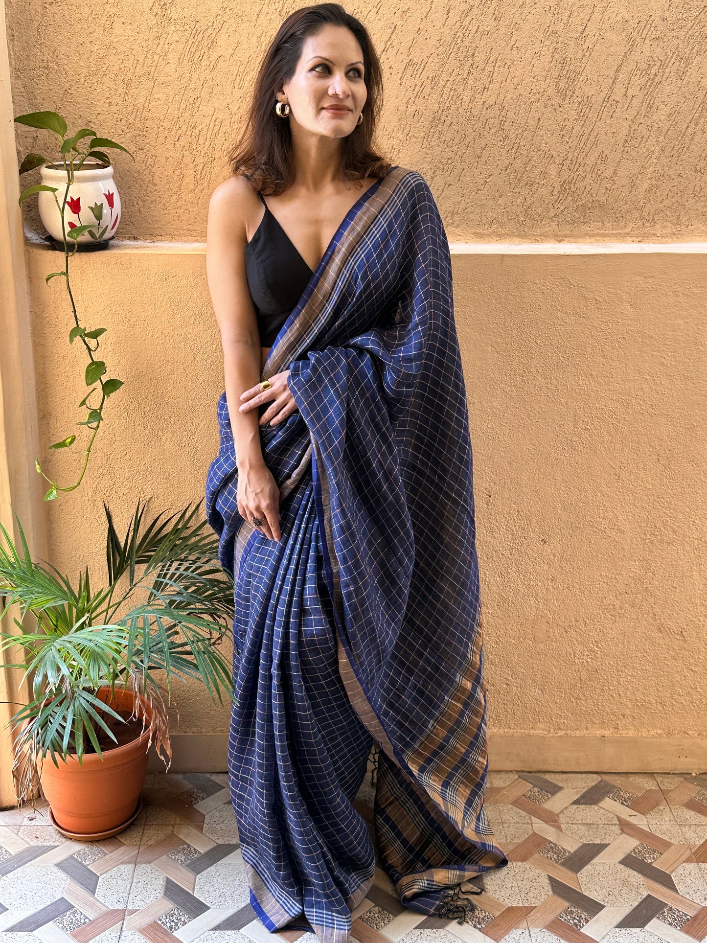 Blue Pure Linen Sari with Silver and Gold Zari Checks - Raahini