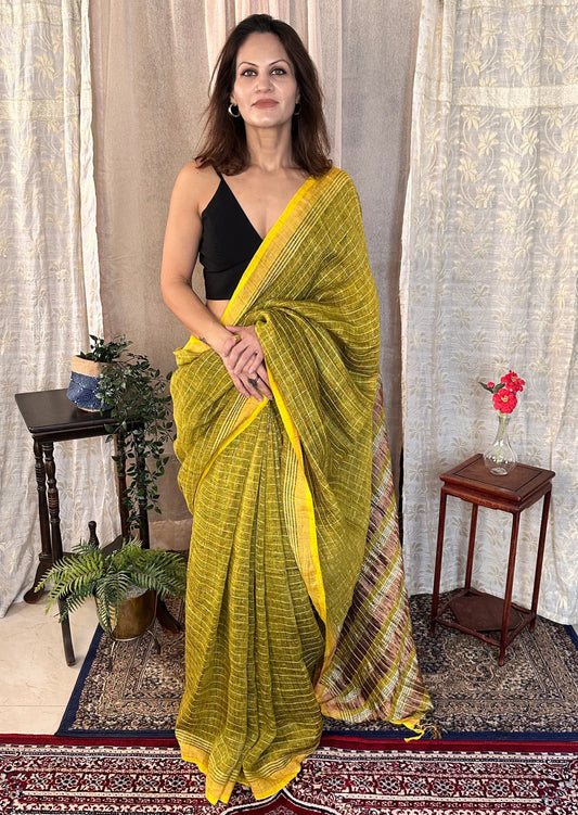 Yellow Pure Linen Sari with Silver and Gold Zari Checks - Raahini