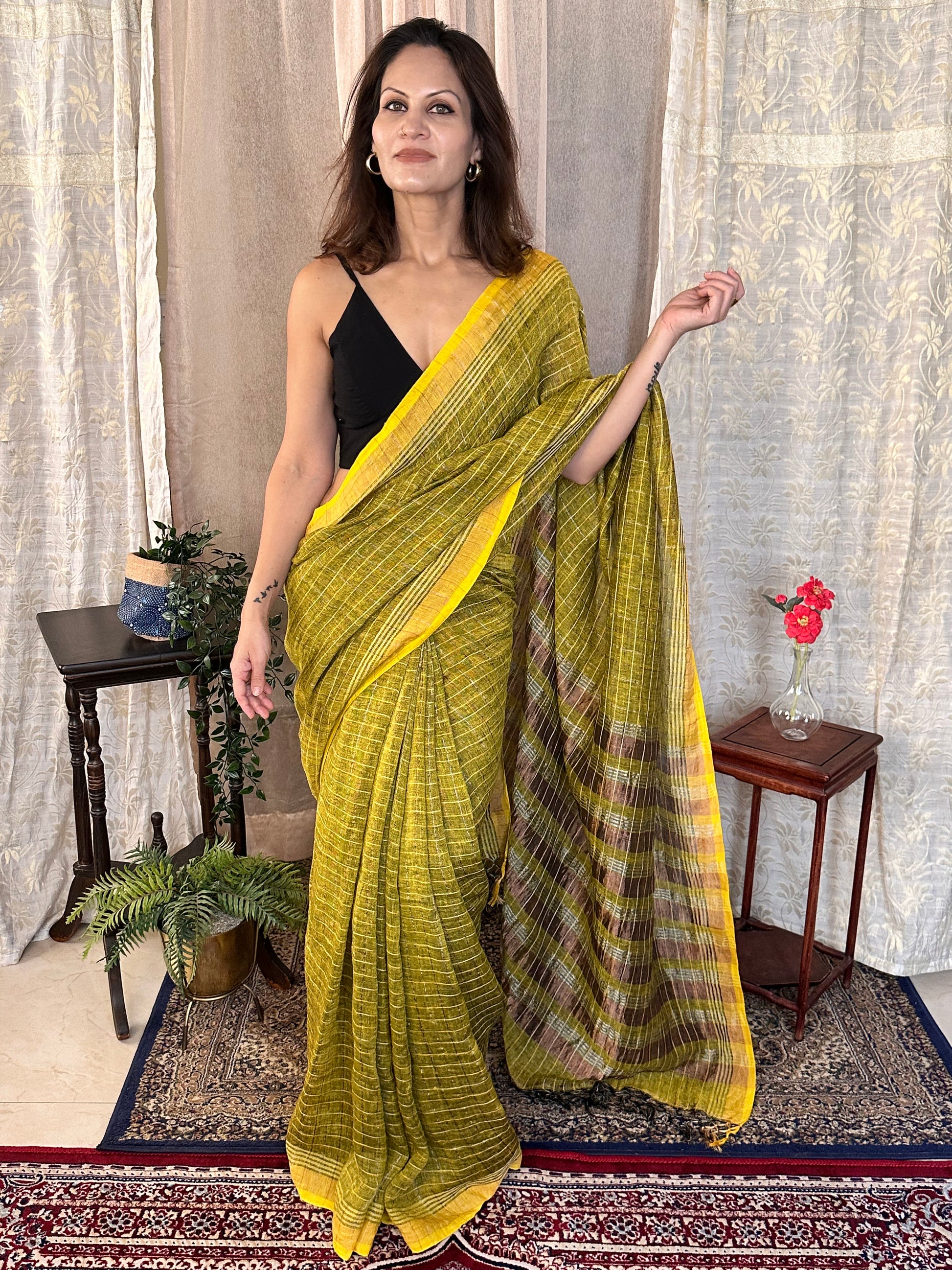 Yellow Pure Linen Sari with Silver and Gold Zari Checks - Raahini